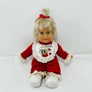 Vintage Santa Helper Christmas Girl Baby Doll Blonde Red Dress Outfit Jumpsuit